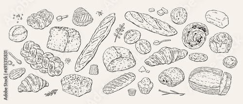 Set of illustrations of breads, pastries, and baking ingredients.Vectorized hand-drawn illustrations.