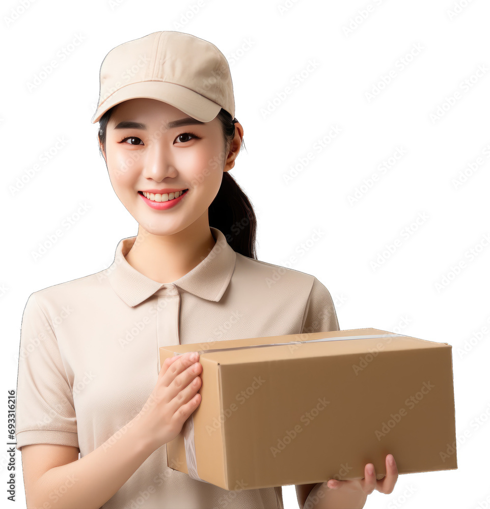 笑顔で配達をする女性 A 20-year-old female Asian staff member. She is a young woman who works in the delivery industry. She has a cardboard box. 笑顔で配達をする女性 A 20-year-old female Asian staff member. She is a young woman who works in the delivery industry. She has a cardboard box.