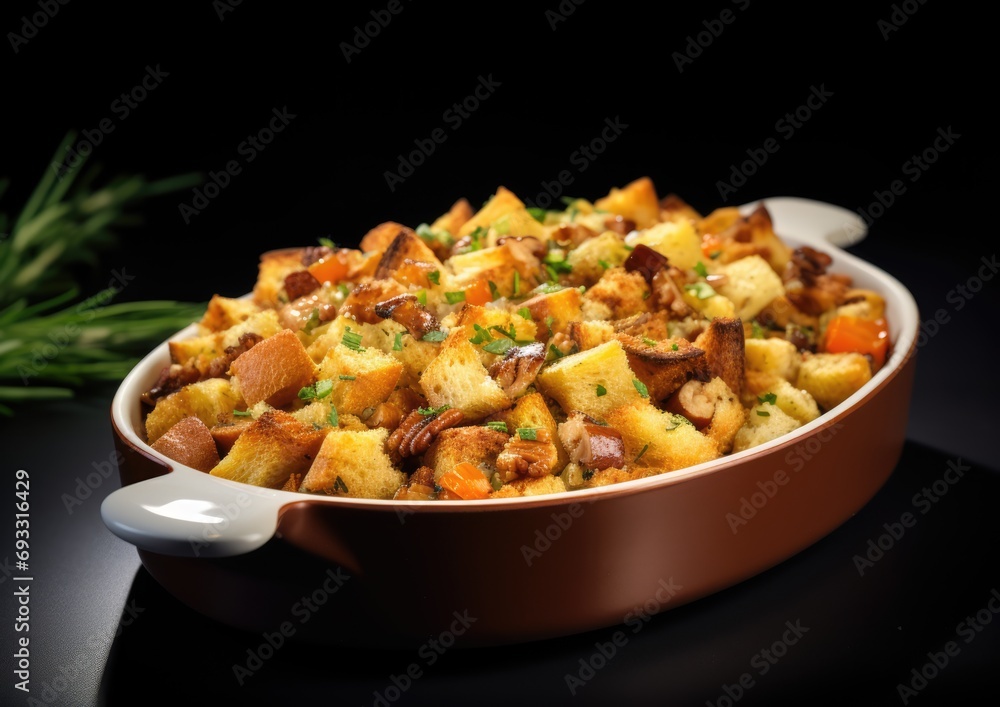 A photorealistic and highly detailed image of a Thanksgiving stuffing dish, captured with a A photorealistic and highly detailed image of a Thanksgiving stuffing dish, captured with a