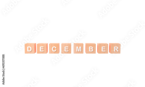 Minimal white word December wooden cubes on white background. Winter season. 3d rendering PNG