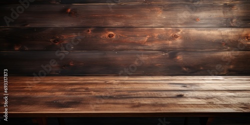 Dark wooden table or plywood with textured planks. photo