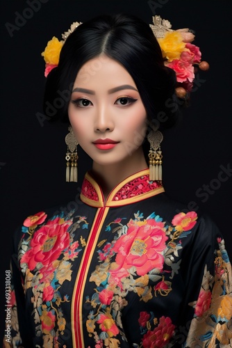 Beautiful asian woman in traditional kimono on black background
