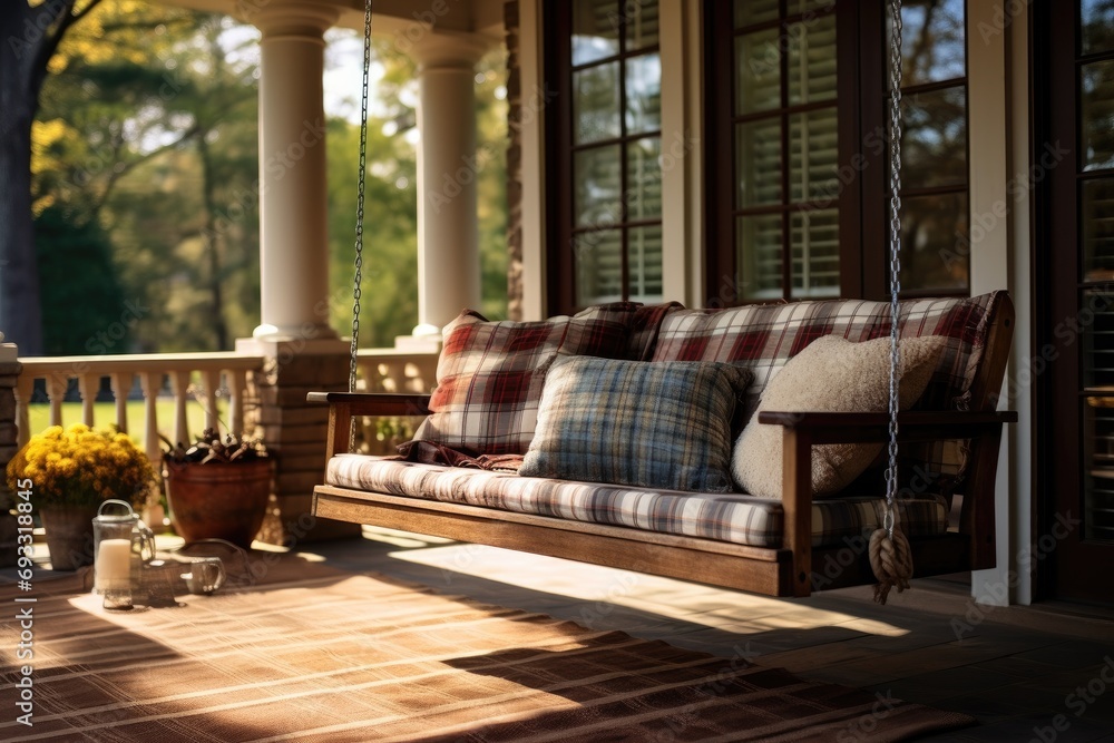 Cozy porch swing in morning light with autumn scenery. Home comfort and relaxation