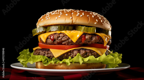 A chessburger on white plate on black background