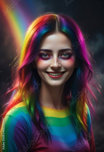 Portrait of a beautiful girl with bright makeup and rainbow hair