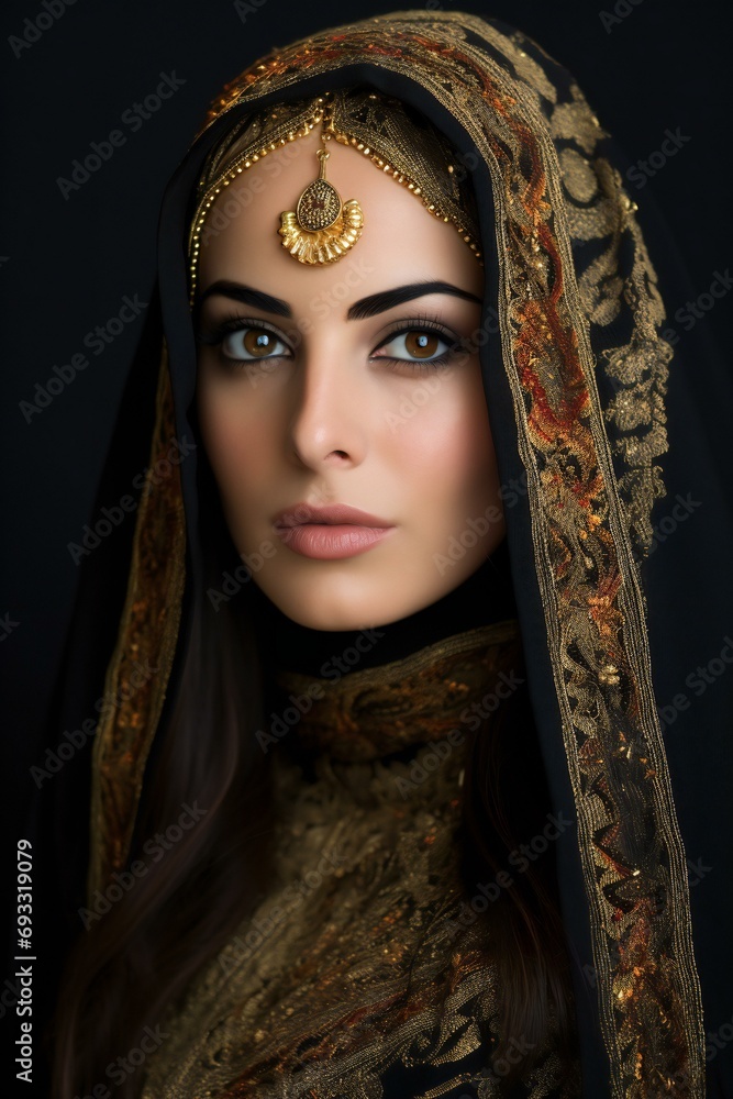 Portrait of a beautiful young woman with arabian makeup and oriental jewelry