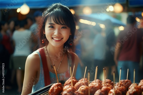 Happy cheerful asian girl woman tourist eating fast food delicious octopus balls on a city street