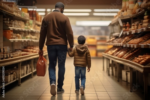 Back view portrait African-American father holding a hand of son on shopping together in supermarket © Soffee