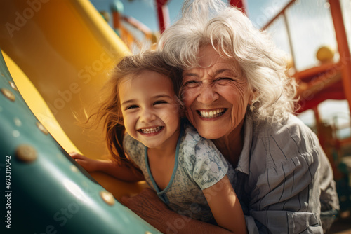 Happy little girl or granddaughter enjoys playing on playground with her grandmother in the park © Soffee