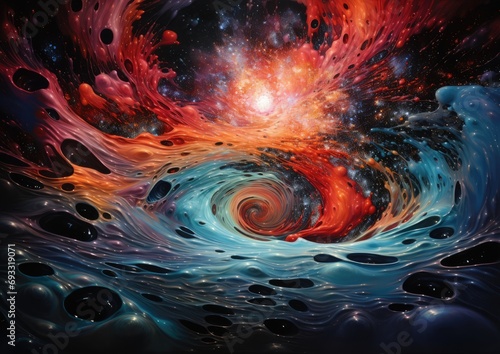 A surrealistic composition of an oil spill transformed into a mesmerizing galaxy, with swirling