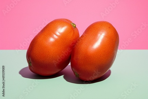 Two red tomatoes on a pink and green background with copy space © Nguyen
