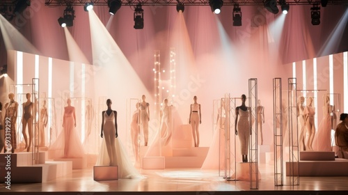 A fashion show with manicures on a large stage with lamps.
