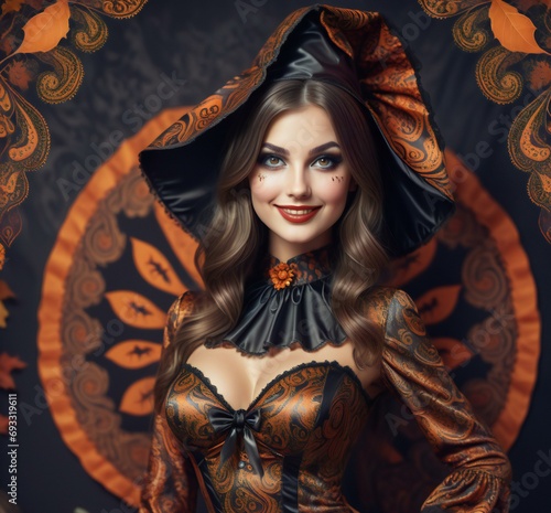 Portrait of a beautiful young woman in a witch costume, Halloween
