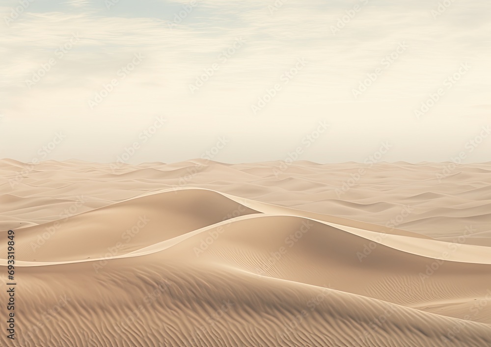 A vast desert landscape with sand dunes stretching towards the horizon, captured from a high
