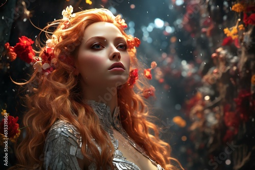 Portrait of a beautiful red-haired girl with flowers in her hair