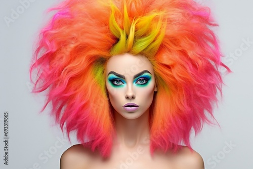 Fashion portrait of beautiful young woman with bright make-up and colorful wig