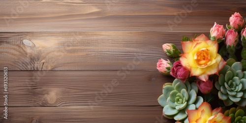 Flower and cactus close-up on wooden surface, white background. © Vusal