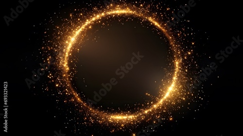 Gold glitter circle of light shine sparkles and golden spark particles in circle frame on black background. Christmas magic stars glow  firework confetti of glittery ring shimmer