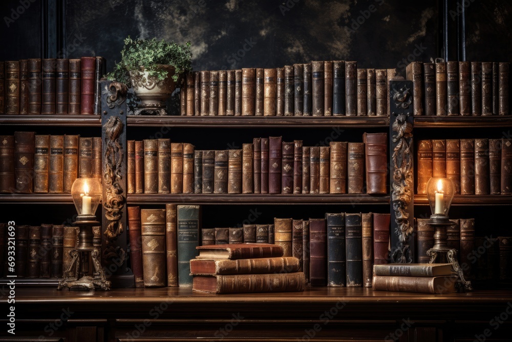 Vintage leather-bound books arranged on a dark wooden shelf, classic library ambiance