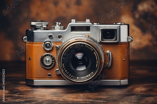 Vintage film camera on a textured background, retro photography equipment