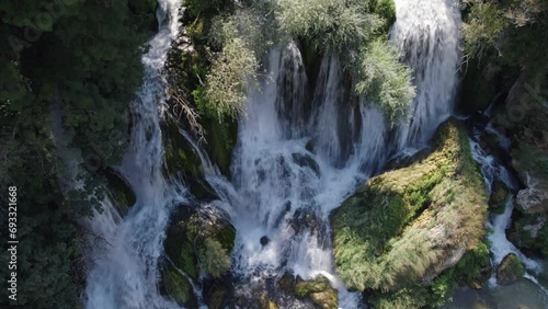 Beautiful waterfall Kravica aerial tilt up establisher, nature environment photo