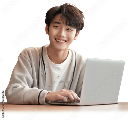 リモートで勉強をする男子学生　A nice 18 year old Asian young man is smiling in front of his laptop. white background.Generative AI photo