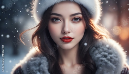 Winter portrait of beautiful young woman with red lips in fur coat