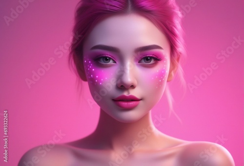 Fashion portrait of beautiful girl with pink hair and bright make-up