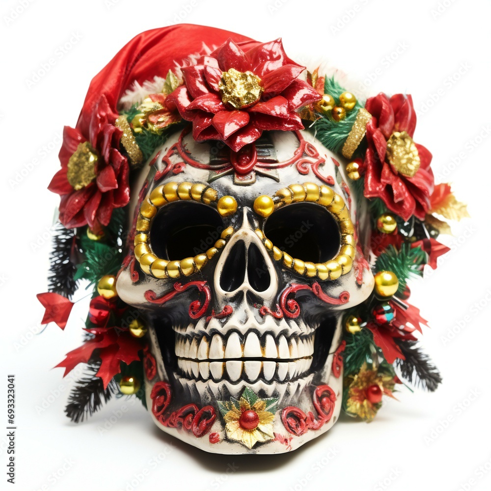 Sugar Skull with Christmas decoration isolated on white background,  Day of The Dead