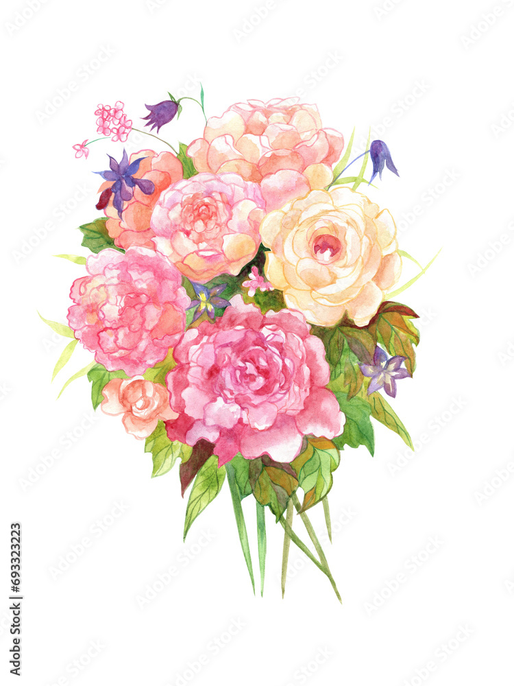 A bouquet of blooming roses, peonies and garden flowers on a transparent background. Watercolor image.