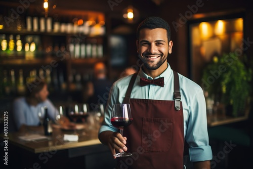 A cheerful sommelier in a restaurant holds a glass of red wine photo