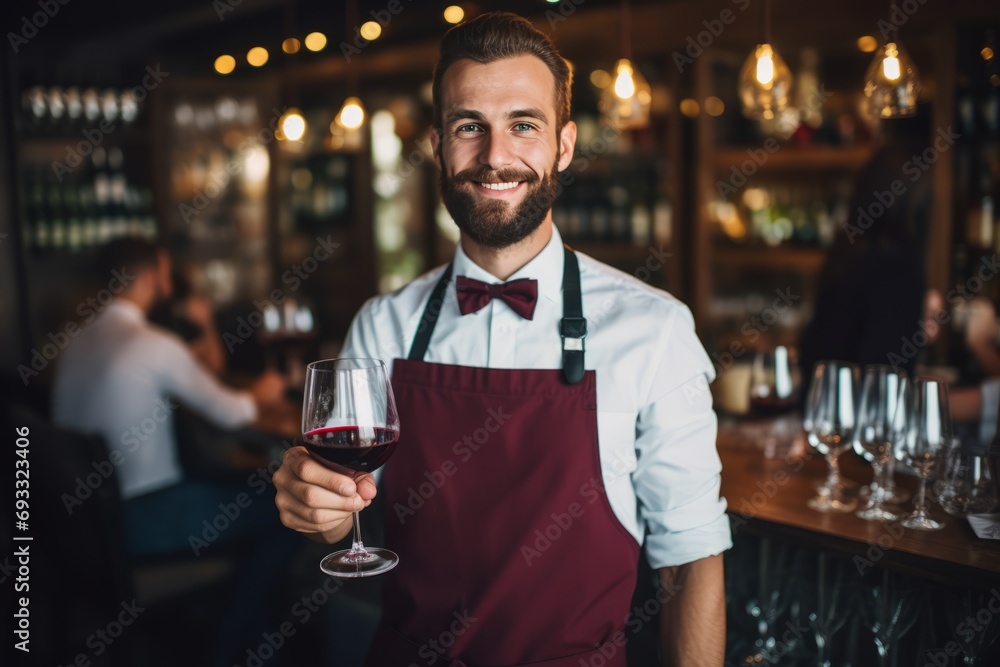 A cheerful sommelier in a restaurant holds a glass of red wine A cheerful sommelier in a restaurant holds a glass of red wine