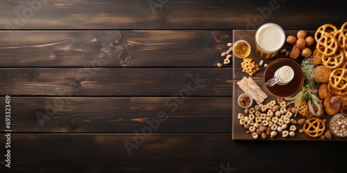Beer with pretzel crackers and snacks on wooden table. Flat lay with text space. Banner design. photo
