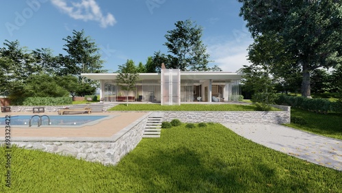 Outdoor Design with Beautiful trees, sky and nature 3D Rendered © HK