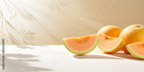 melon on the table, Fresh Cantaloupe Melon Set Apart on a Vivid and Colorful Isolated Background with full sun shine photo