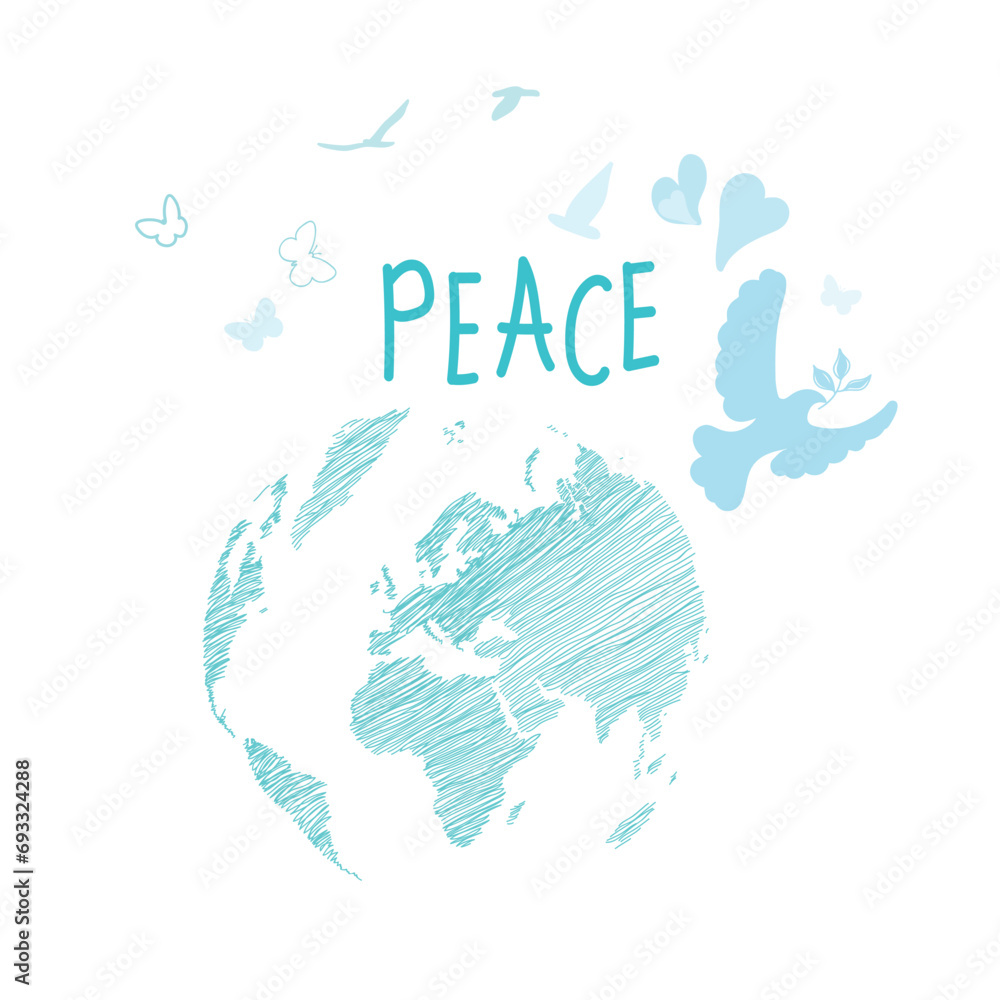 Obraz premium International Day of Peace. Bird, globe, flowers, heart continuous drawing. Concept of love, peace and kindness. Text. Vector web banner, illustration, poster