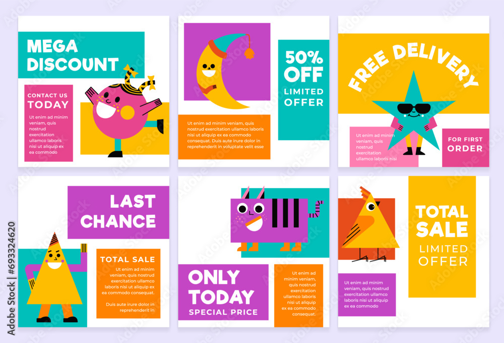 Social media post set with geometric character Social media post set with geometric character