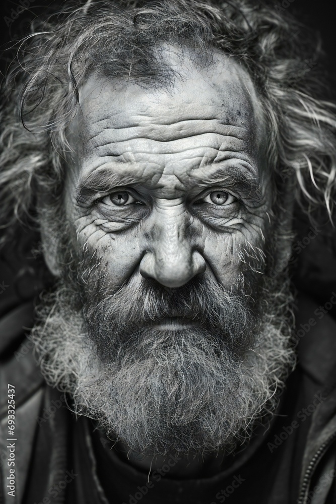 Portrait of an old homeless man with a long beard and mustache,  Black and white