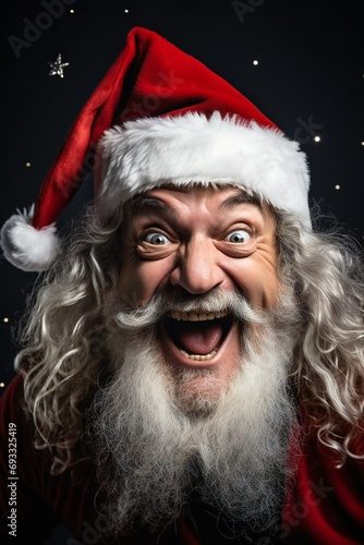 Close-up portrait of a happy Santa Claus with long white hair and a beard on a black background