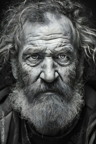 Portrait of an old homeless man with a long beard and mustache, Black and white
