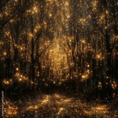 Mysterious forest with golden lights and fog