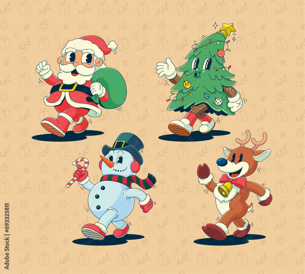 Naklejka premium Merry Christmas and Happy New year cartoon character element set , trendy retro cartoon style