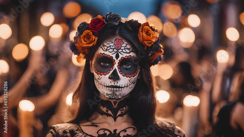 Day of the Dead Celebration: A woman Depicting Mexican Culture, Tradition, and the Spirit of Dia de los Muertos photo