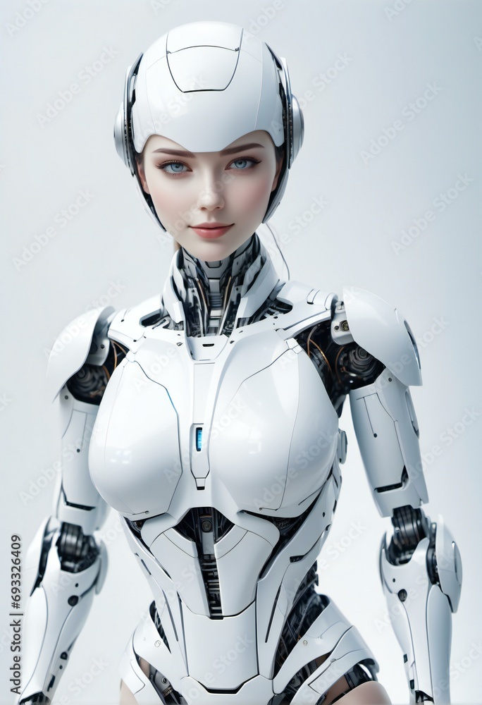 Robot woman,  Portrait of a female robot,  White background