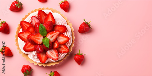 Crisp and Easy Strawberry Goat Cheese Tart on baby pink background.