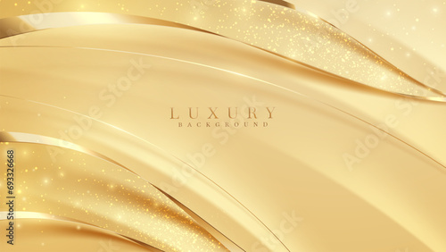 Gold luxury background and elegant ribbon decorations with glitter light effects elements and bokeh.