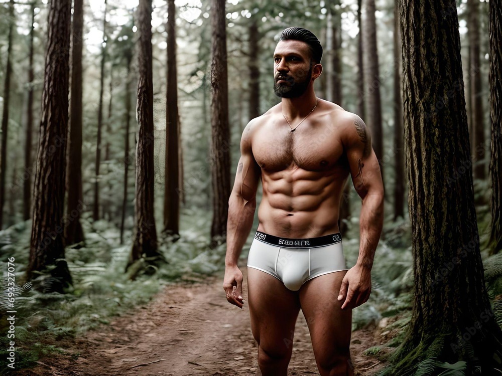 Standing Pose Muscular Shirtless and Tattooed Guy with Underwear and Beard in Forest Standing Pose Muscular Shirtless and Tattooed Guy with Underwear and Beard in Forest