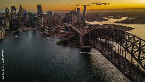 Aerial view Day to night Hyper lapse Footage of above Sydney Harbour Bridge, Circular Quay and Sydney Daring Habor photo