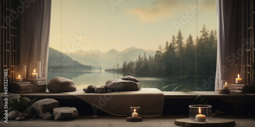 A beautiful view of lake with high hill around it and stones on a table.