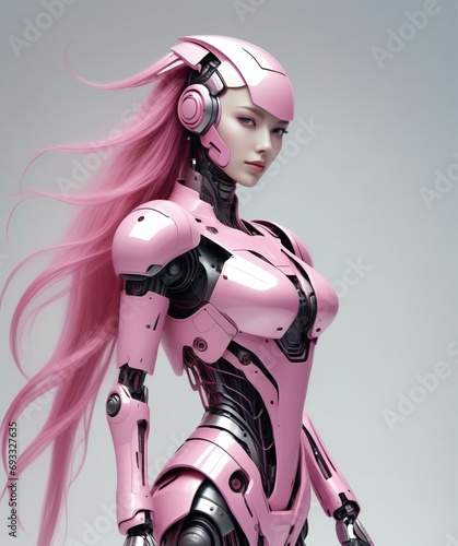 A female robot with pink hair isolated on gray background